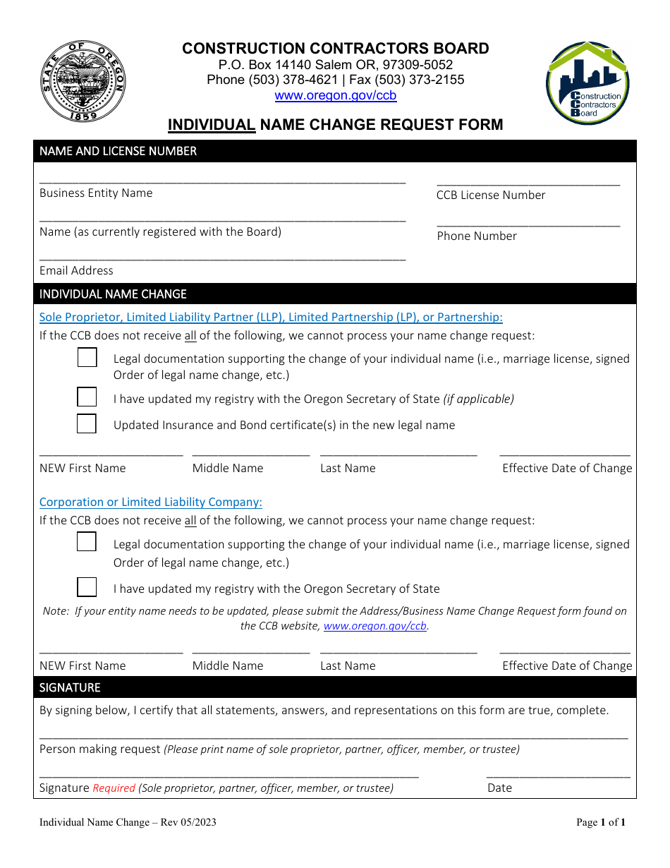 Individual Name Change Request Form - Oregon, Page 1