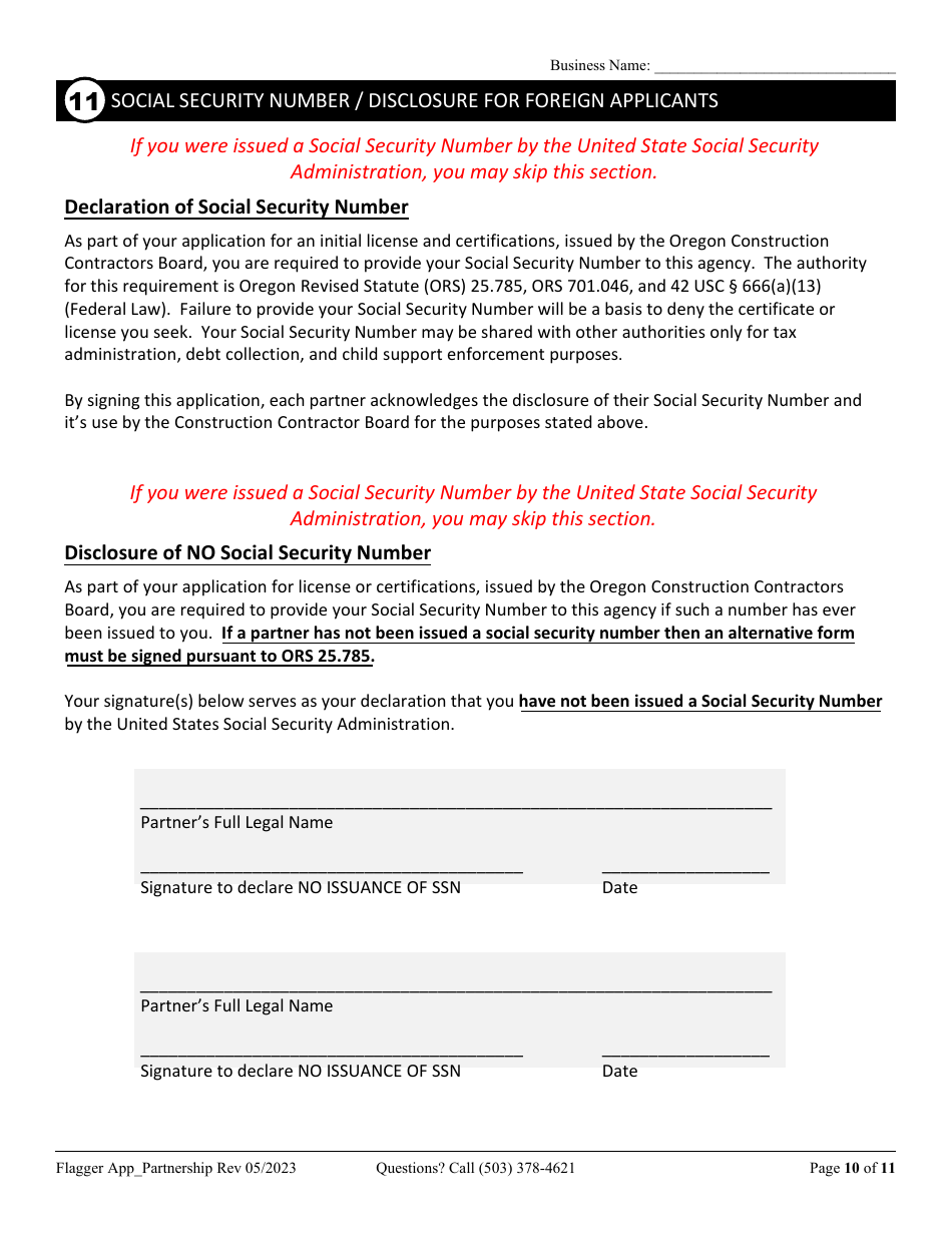 Partnership or Joint Venture Flagging Contractor License Application - Oregon, Page 10