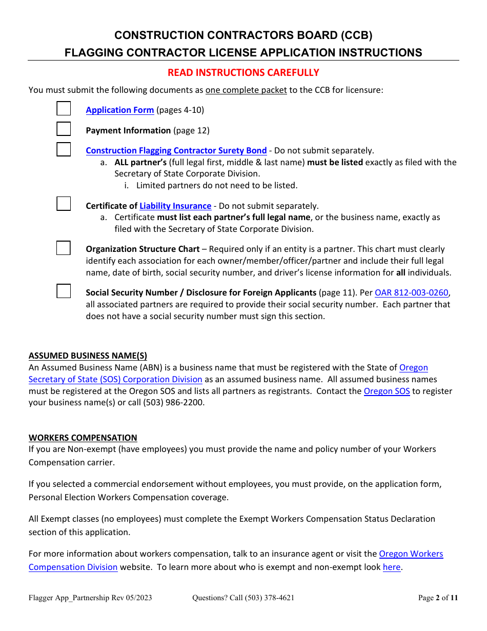 Partnership or Joint Venture Flagging Contractor License Application - Oregon, Page 2