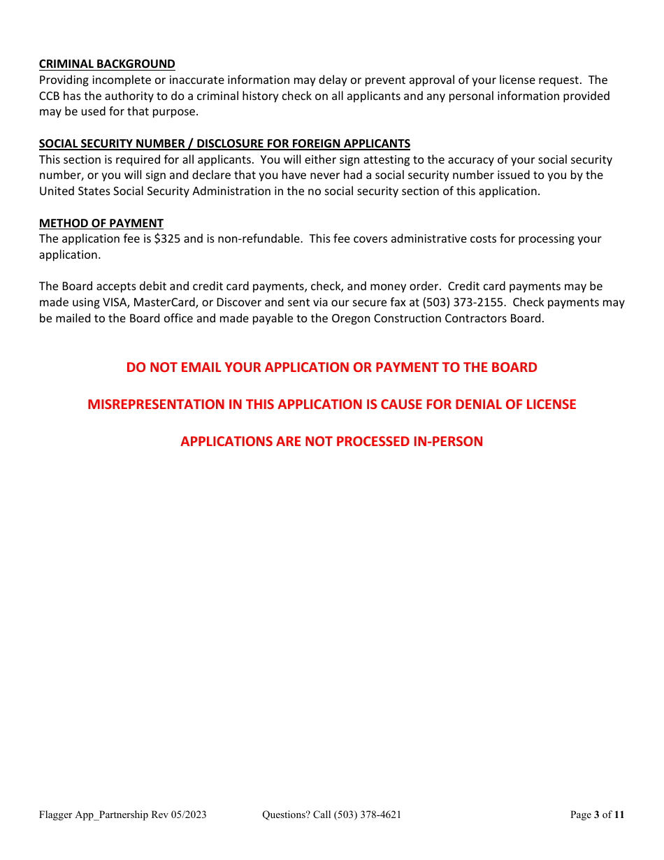 Partnership or Joint Venture Flagging Contractor License Application - Oregon, Page 3
