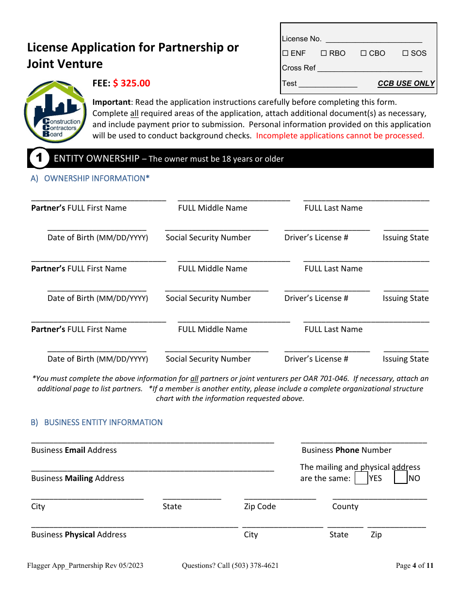 Partnership or Joint Venture Flagging Contractor License Application - Oregon, Page 4