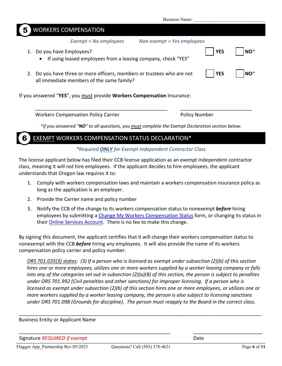 Partnership or Joint Venture Flagging Contractor License Application - Oregon, Page 6