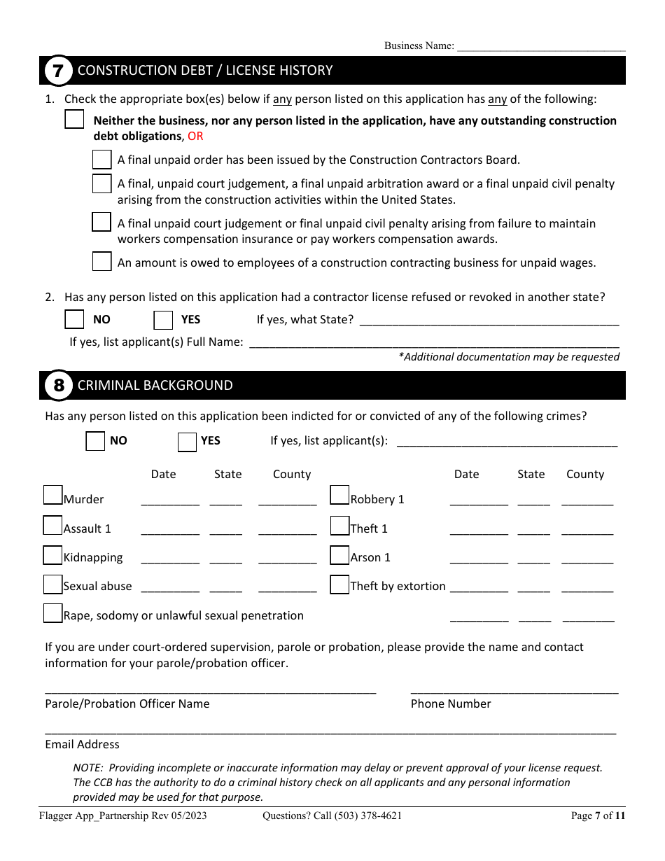 Partnership or Joint Venture Flagging Contractor License Application - Oregon, Page 7