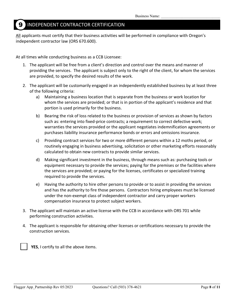 Partnership or Joint Venture Flagging Contractor License Application - Oregon, Page 8