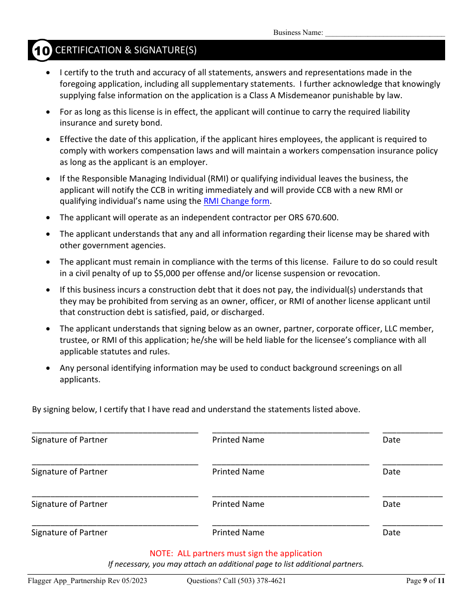 Partnership or Joint Venture Flagging Contractor License Application - Oregon, Page 9