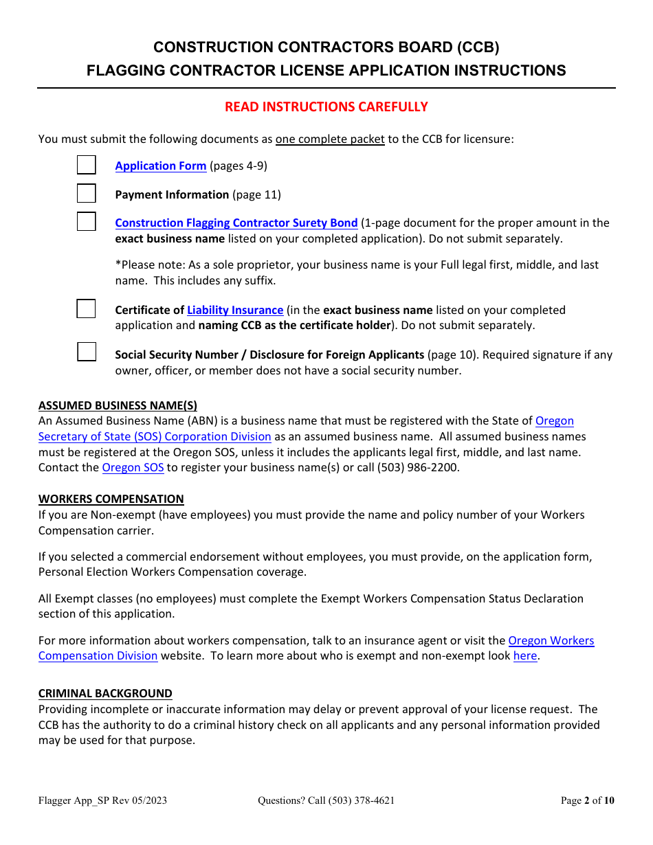 Oregon Flagging Contractor License Application For Sole Proprietorship ...