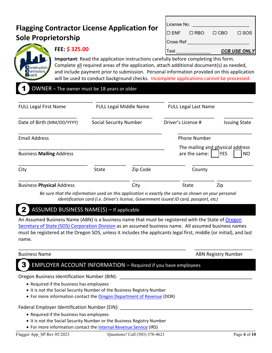 Flagging Contractor License Application for Sole Proprietorship - Oregon, Page 4