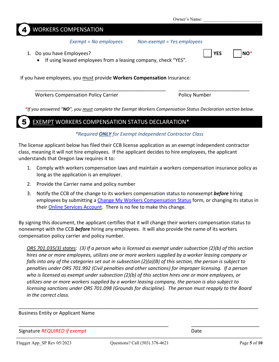 Flagging Contractor License Application for Sole Proprietorship - Oregon, Page 5