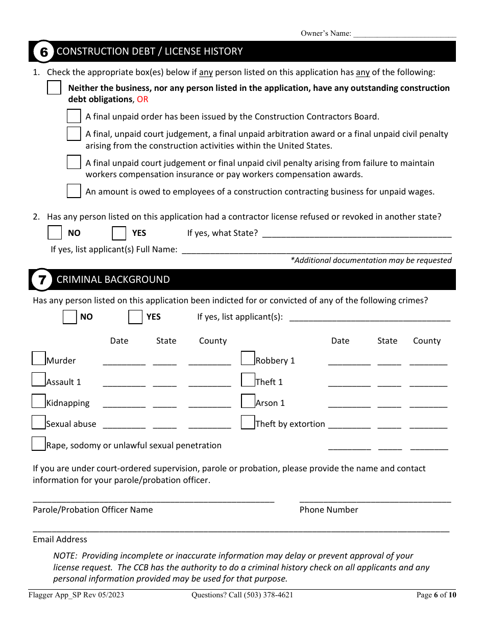 Oregon Flagging Contractor License Application for Sole Proprietorship