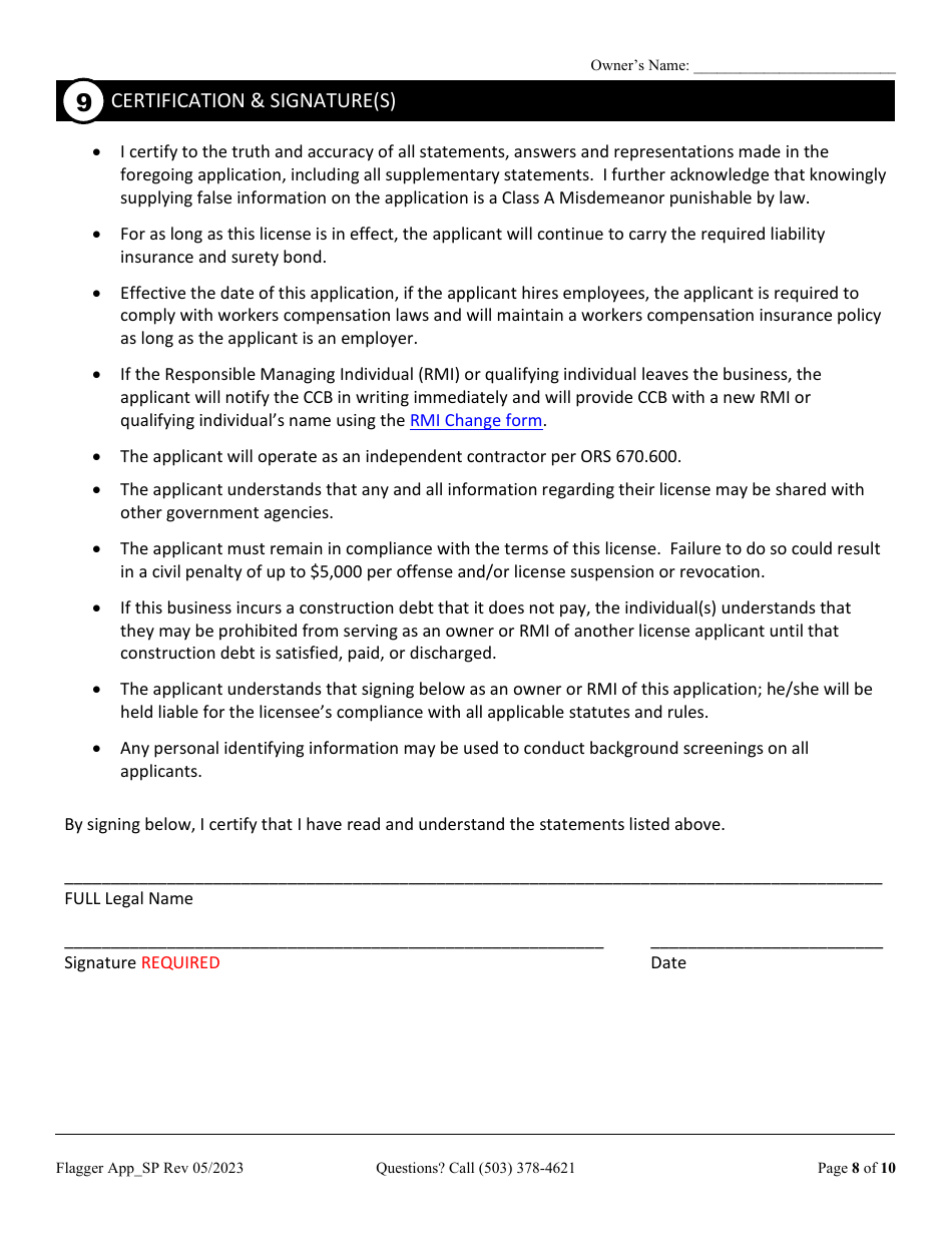 Flagging Contractor License Application for Sole Proprietorship - Oregon, Page 8