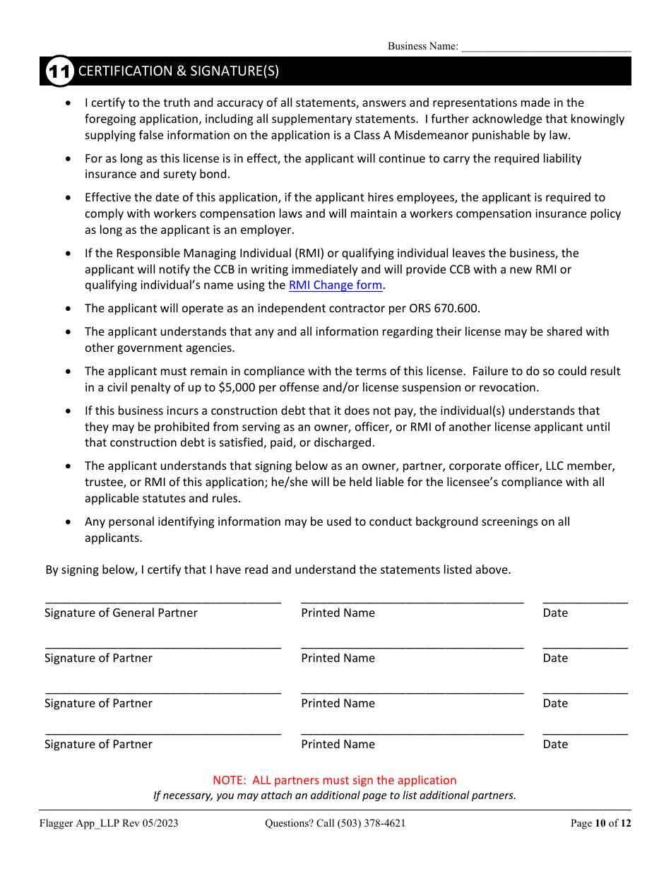 Flagging Contractor License Application for Limited Liability Partnership (LLP ) or Limited Partnership (Lp) - Oregon, Page 10