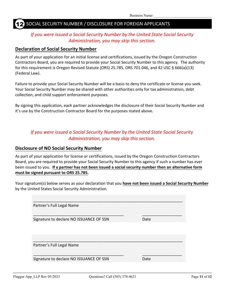 Flagging Contractor License Application for Limited Liability Partnership (LLP ) or Limited Partnership (Lp) - Oregon, Page 11