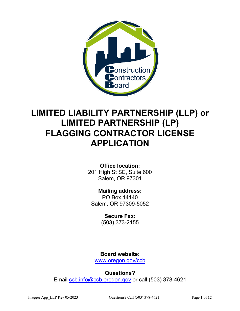 Flagging Contractor License Application for Limited Liability Partnership (LLP ) or Limited Partnership (Lp) - Oregon, Page 1