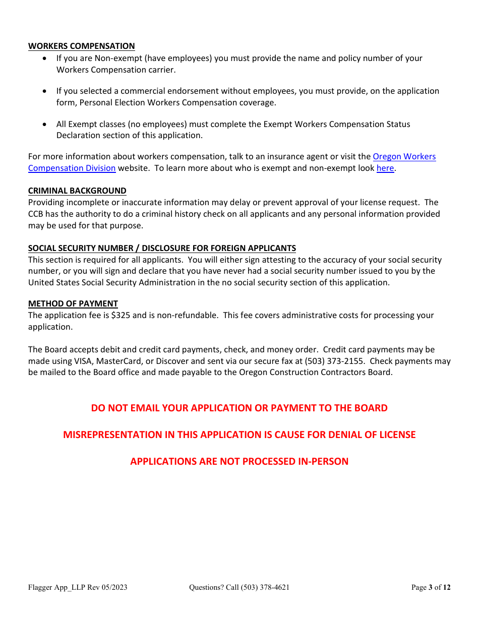 Flagging Contractor License Application for Limited Liability Partnership (LLP ) or Limited Partnership (Lp) - Oregon, Page 3