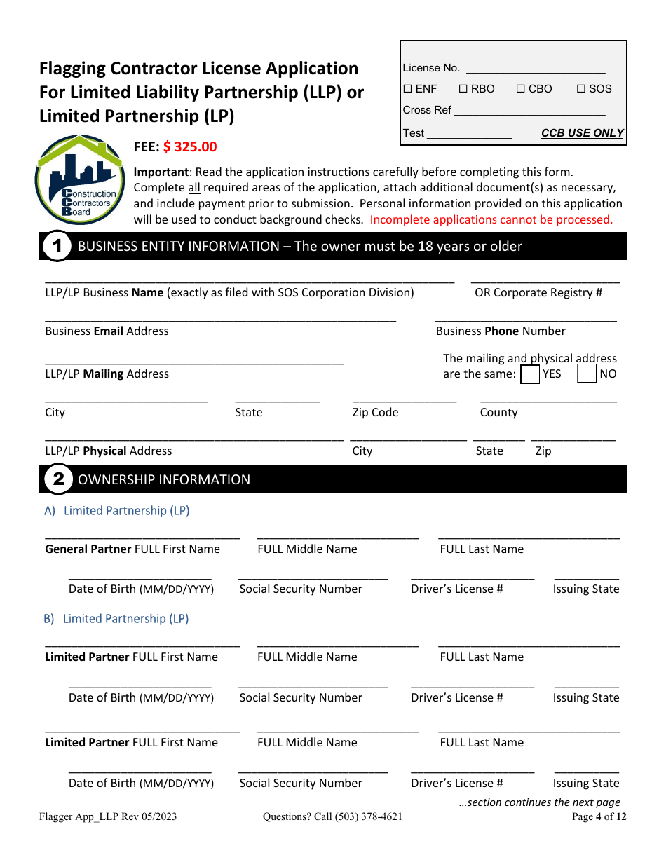 Flagging Contractor License Application for Limited Liability Partnership (LLP ) or Limited Partnership (Lp) - Oregon, Page 4