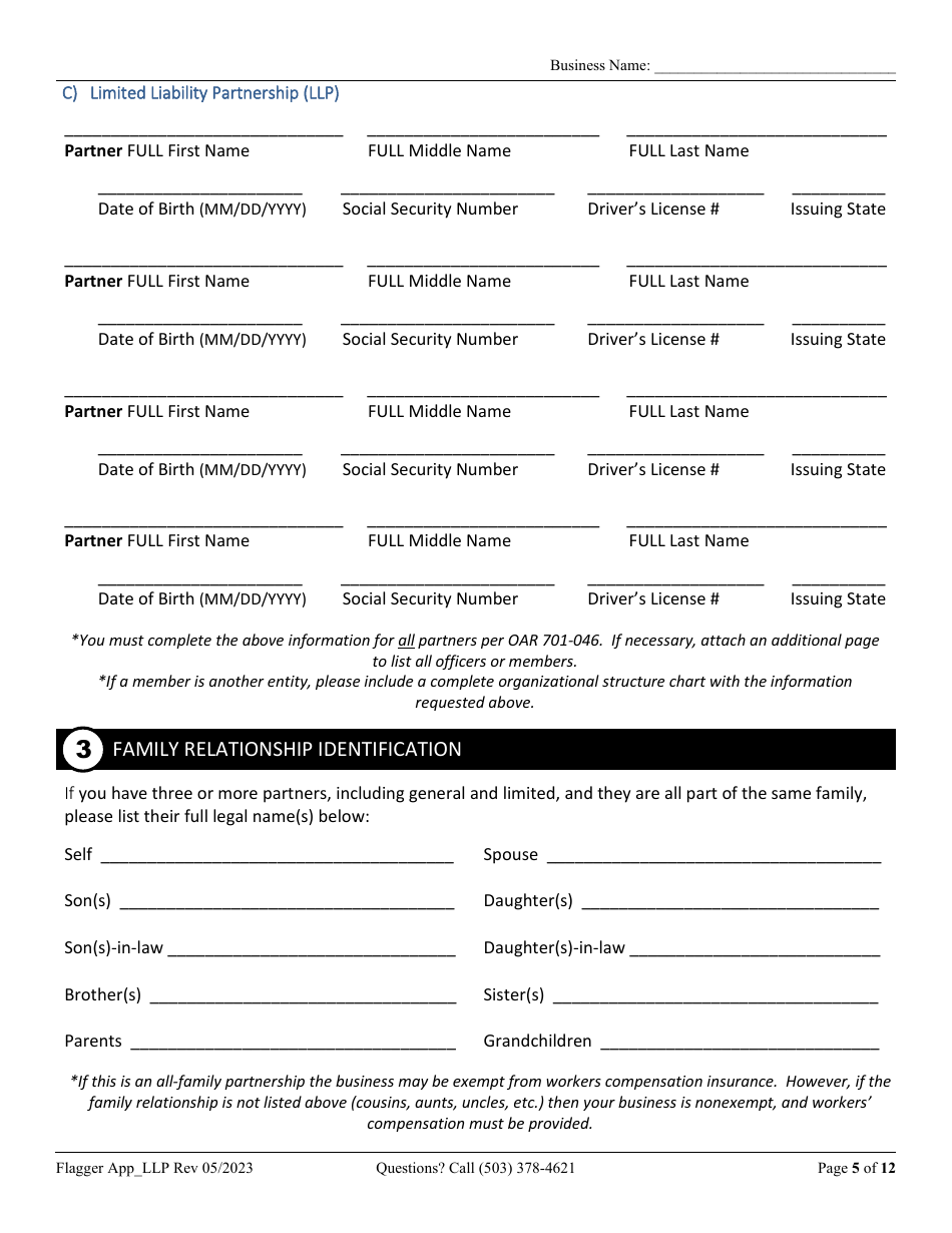 Flagging Contractor License Application for Limited Liability Partnership (LLP ) or Limited Partnership (Lp) - Oregon, Page 5