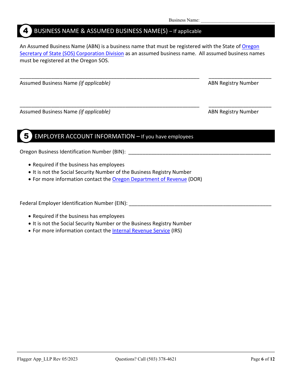 Flagging Contractor License Application for Limited Liability Partnership (LLP ) or Limited Partnership (Lp) - Oregon, Page 6