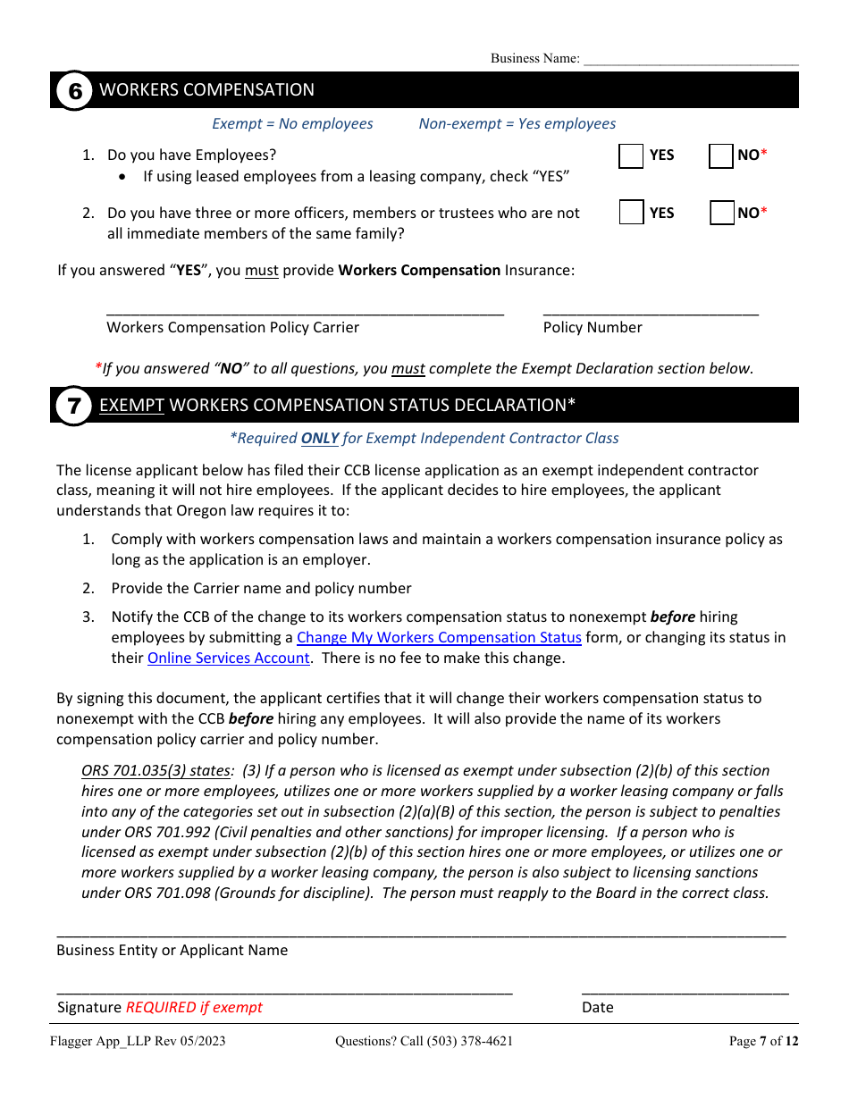 Flagging Contractor License Application for Limited Liability Partnership (LLP ) or Limited Partnership (Lp) - Oregon, Page 7