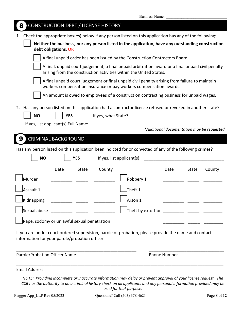 Flagging Contractor License Application for Limited Liability Partnership (LLP ) or Limited Partnership (Lp) - Oregon, Page 8