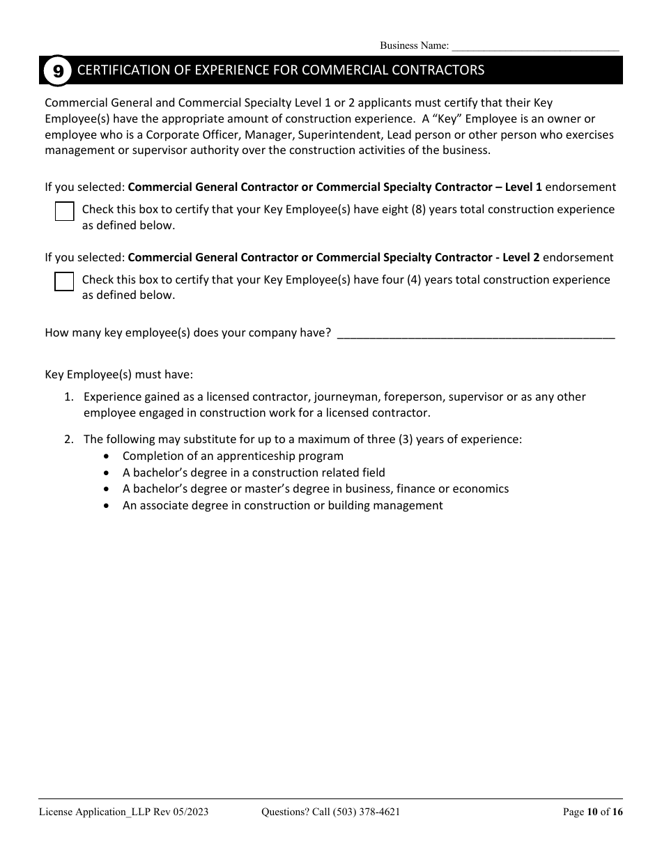 License Application Limited Liability Partnership (LLP ) or Limited Partnership (Lp) (Residential, Commercial or Dual Endorsement) - Oregon, Page 10