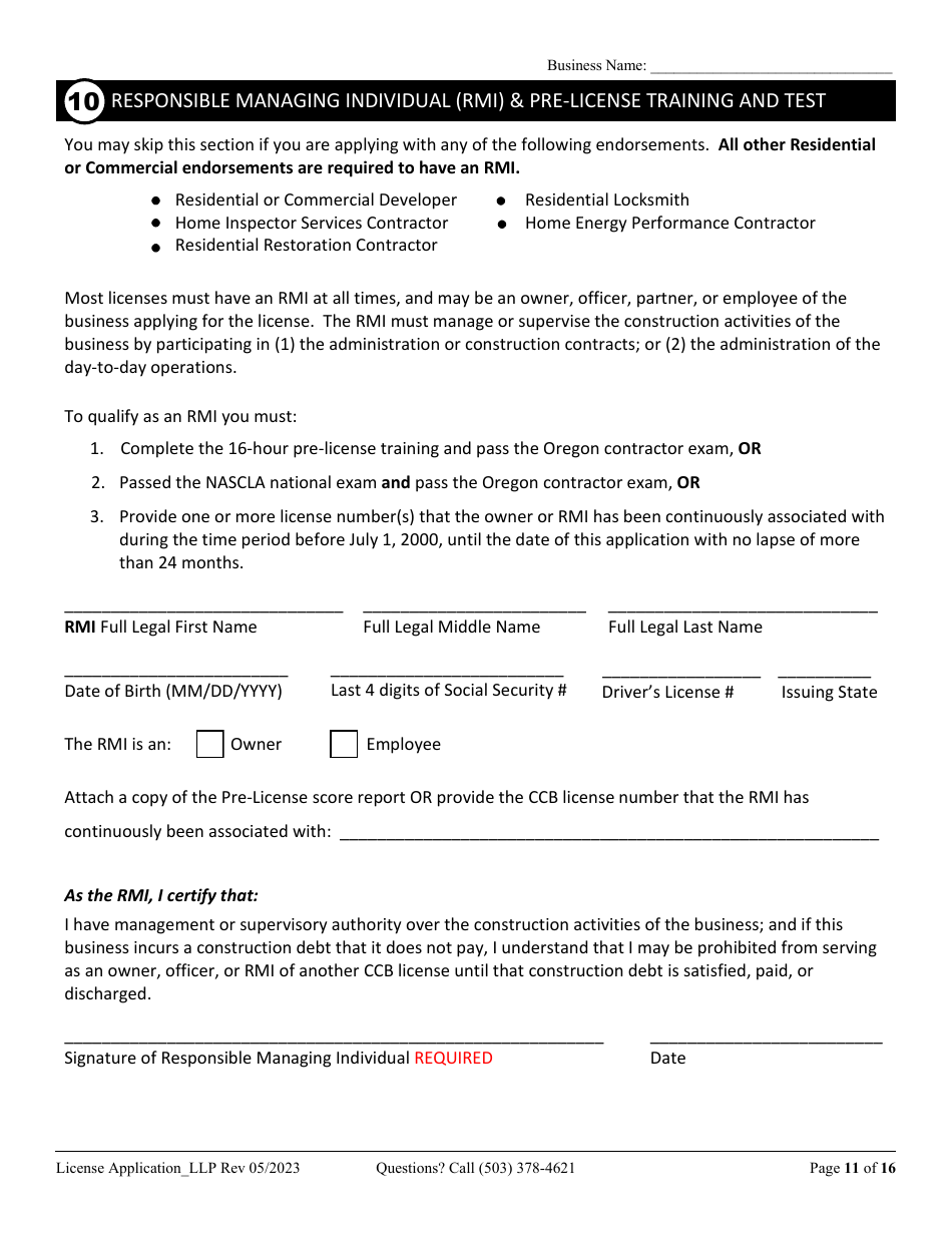 License Application Limited Liability Partnership (LLP ) or Limited Partnership (Lp) (Residential, Commercial or Dual Endorsement) - Oregon, Page 11