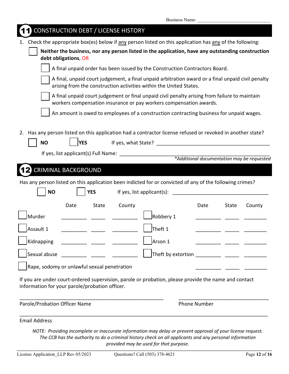 License Application Limited Liability Partnership (LLP ) or Limited Partnership (Lp) (Residential, Commercial or Dual Endorsement) - Oregon, Page 12