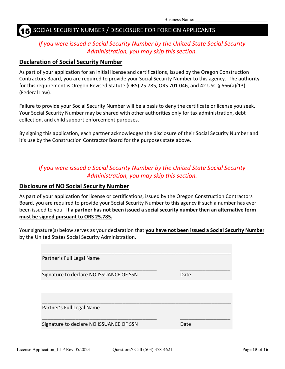 License Application Limited Liability Partnership (LLP ) or Limited Partnership (Lp) (Residential, Commercial or Dual Endorsement) - Oregon, Page 15