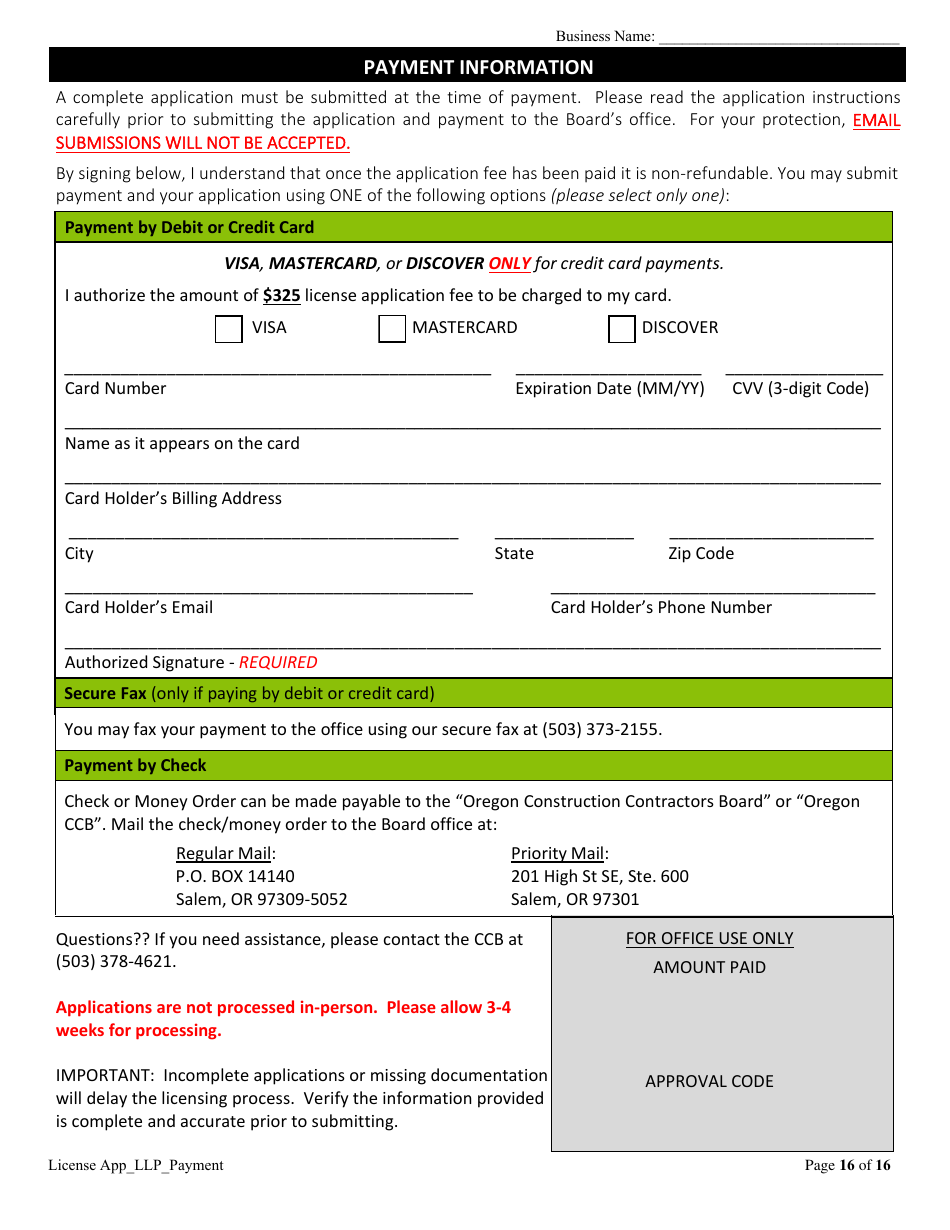 License Application Limited Liability Partnership (LLP ) or Limited Partnership (Lp) (Residential, Commercial or Dual Endorsement) - Oregon, Page 16