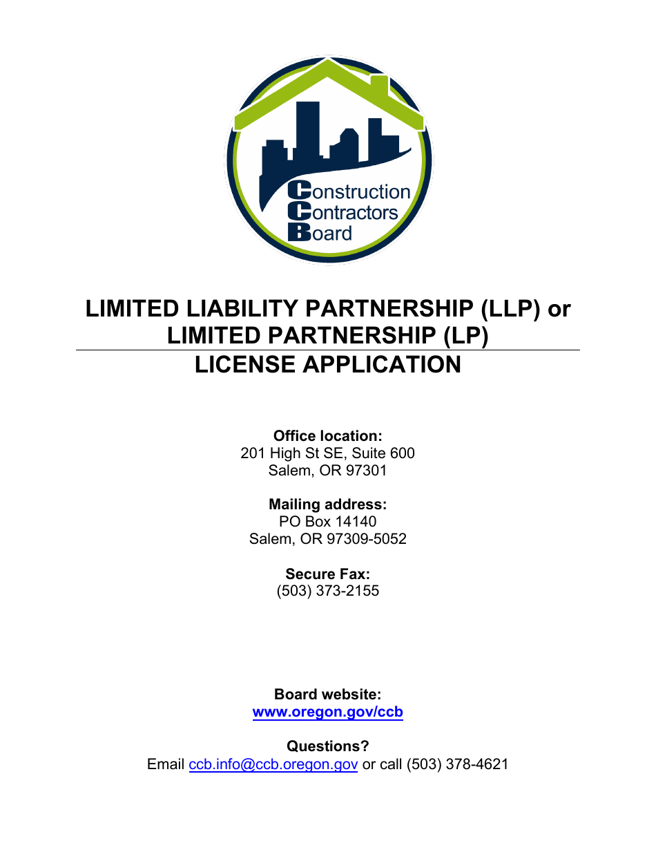License Application Limited Liability Partnership (LLP ) or Limited Partnership (Lp) (Residential, Commercial or Dual Endorsement) - Oregon, Page 1