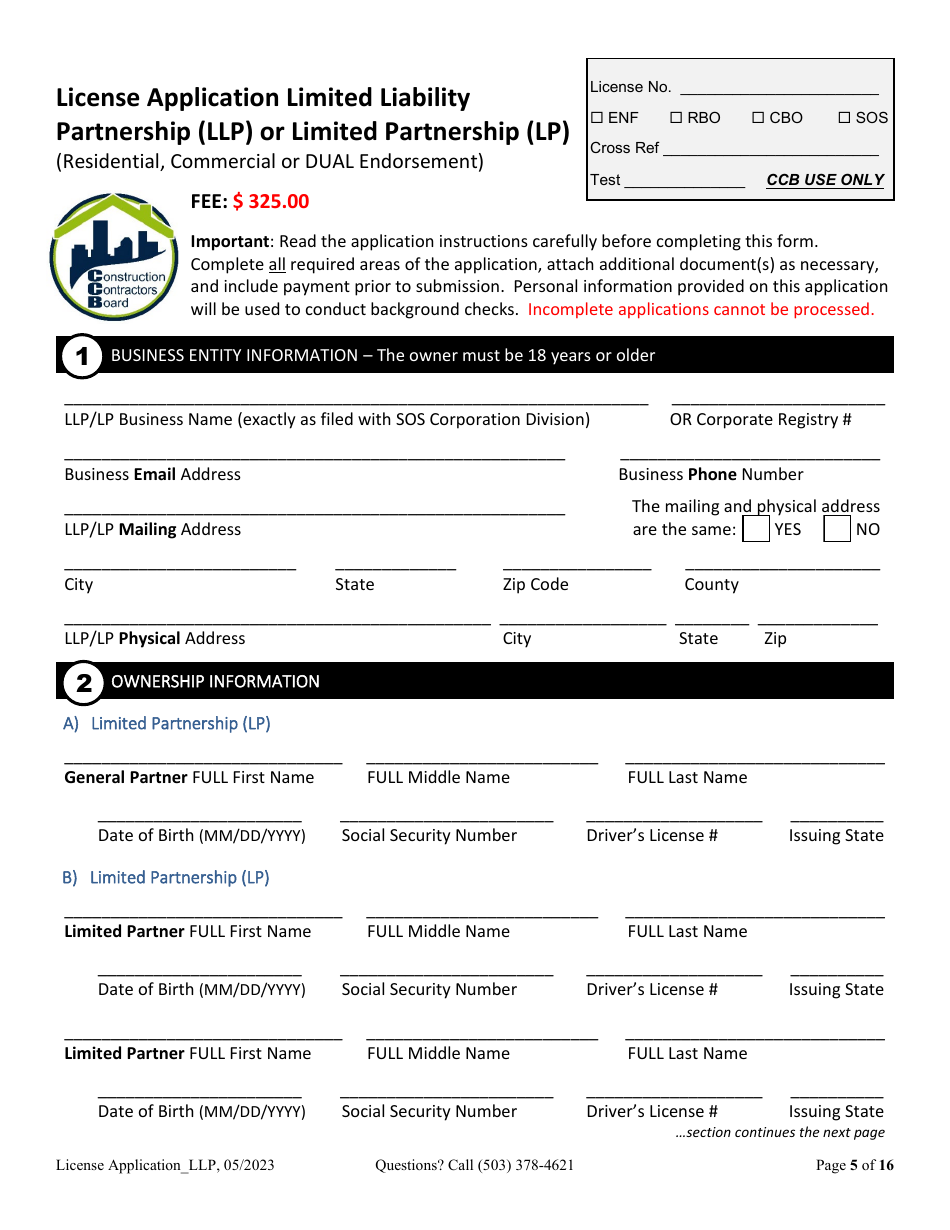 License Application Limited Liability Partnership (LLP ) or Limited Partnership (Lp) (Residential, Commercial or Dual Endorsement) - Oregon, Page 5