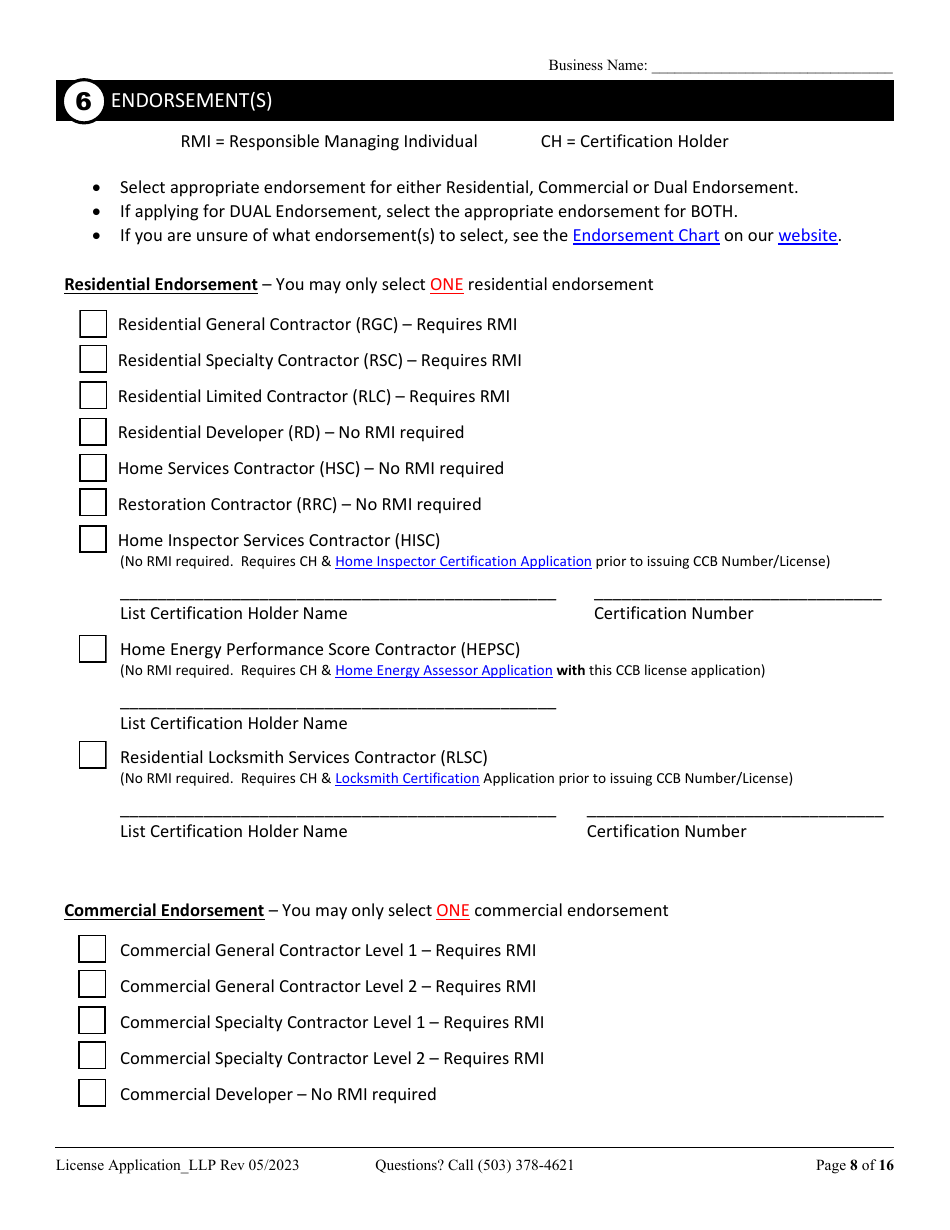 License Application Limited Liability Partnership (LLP ) or Limited Partnership (Lp) (Residential, Commercial or Dual Endorsement) - Oregon, Page 8