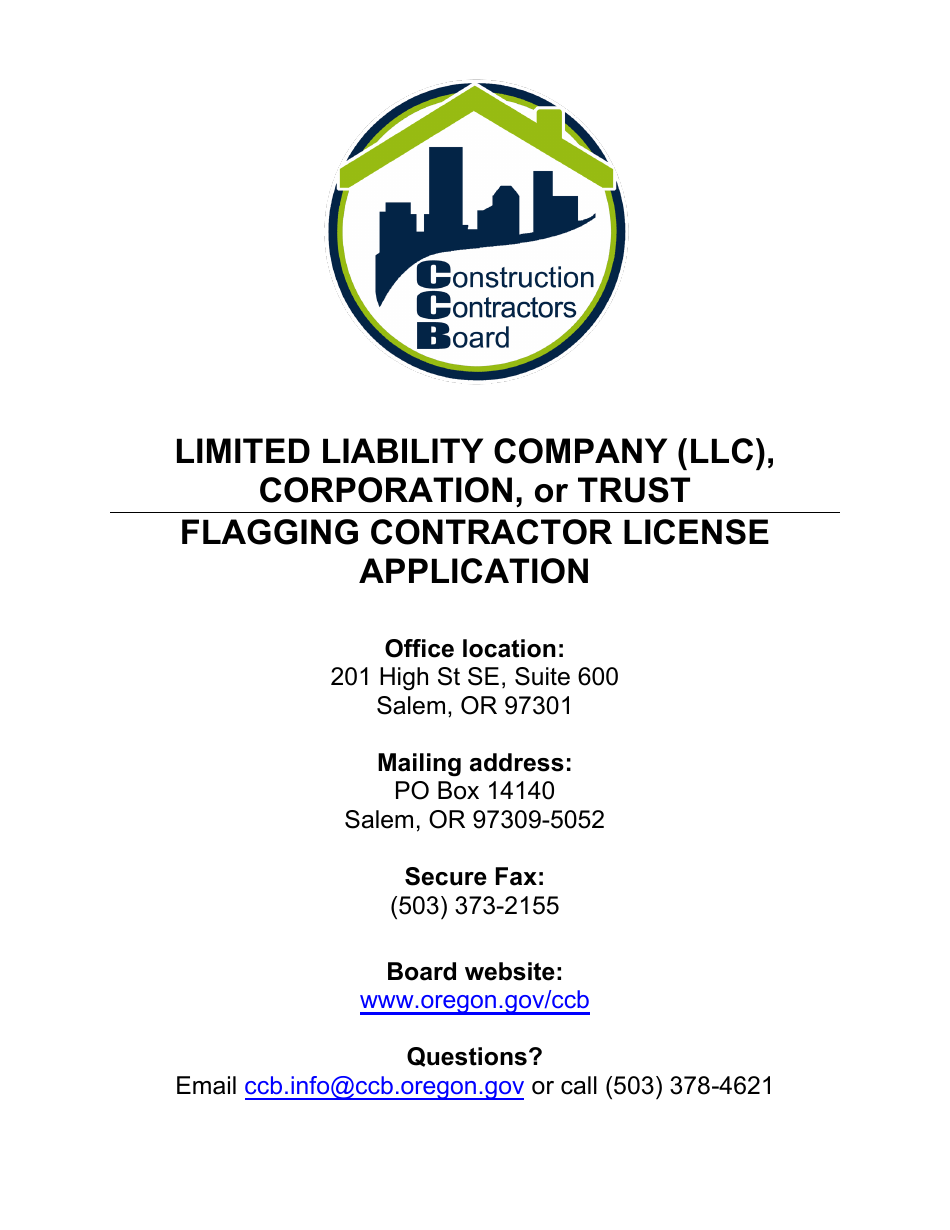 Flagging Contractor License Application for Limited Liability Company (LLC), Corporation, or Trust - Oregon, Page 1