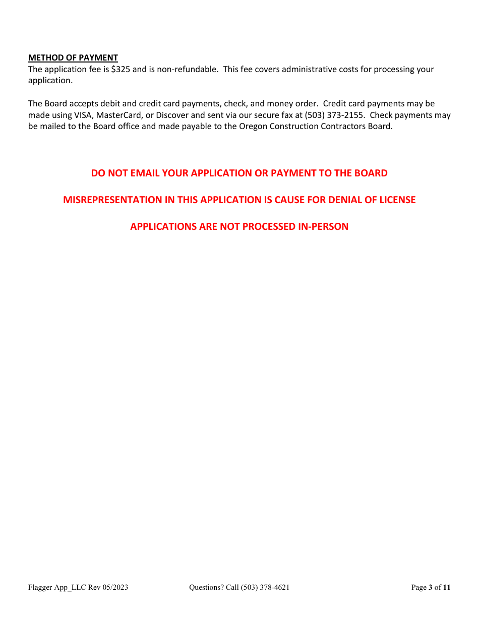 Flagging Contractor License Application for Limited Liability Company (LLC), Corporation, or Trust - Oregon, Page 3