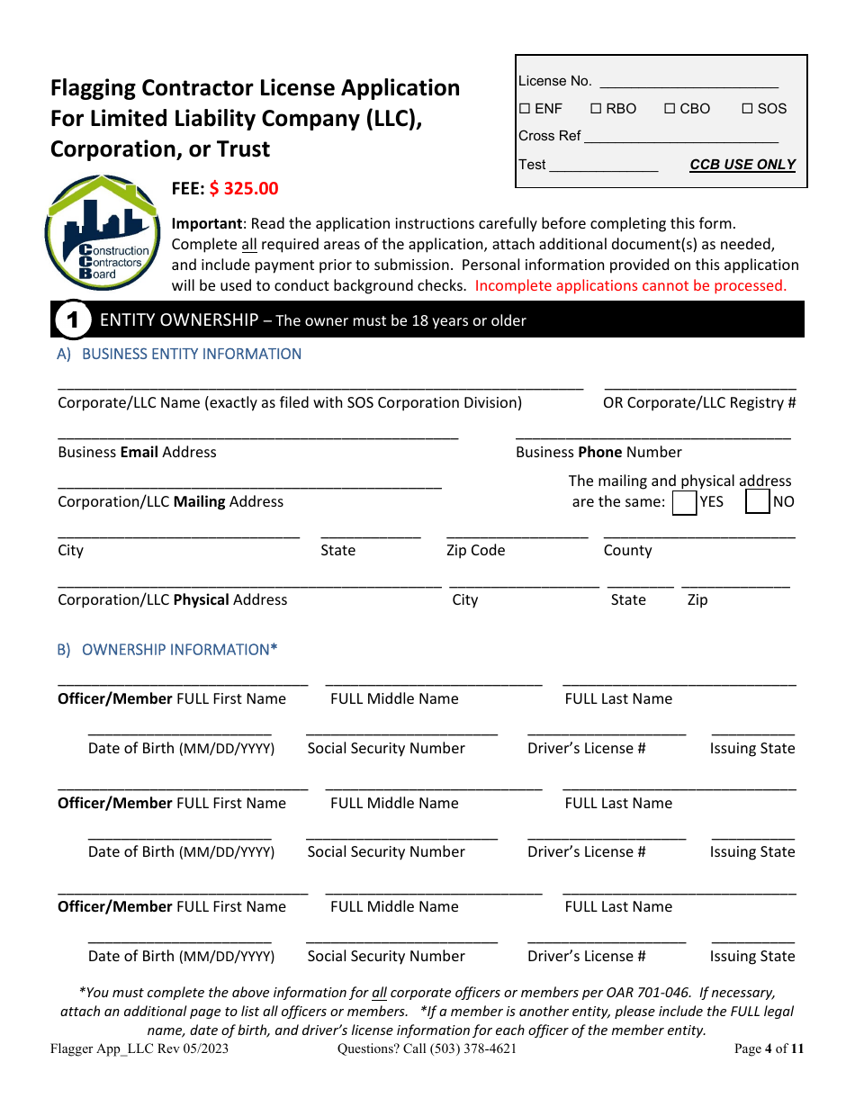 Oregon Flagging Contractor License Application for Limited Liability