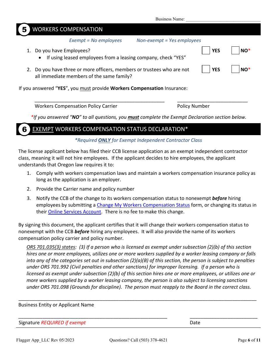 Oregon Flagging Contractor License Application for Limited Liability