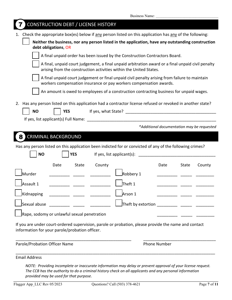 Flagging Contractor License Application for Limited Liability Company (LLC), Corporation, or Trust - Oregon, Page 7