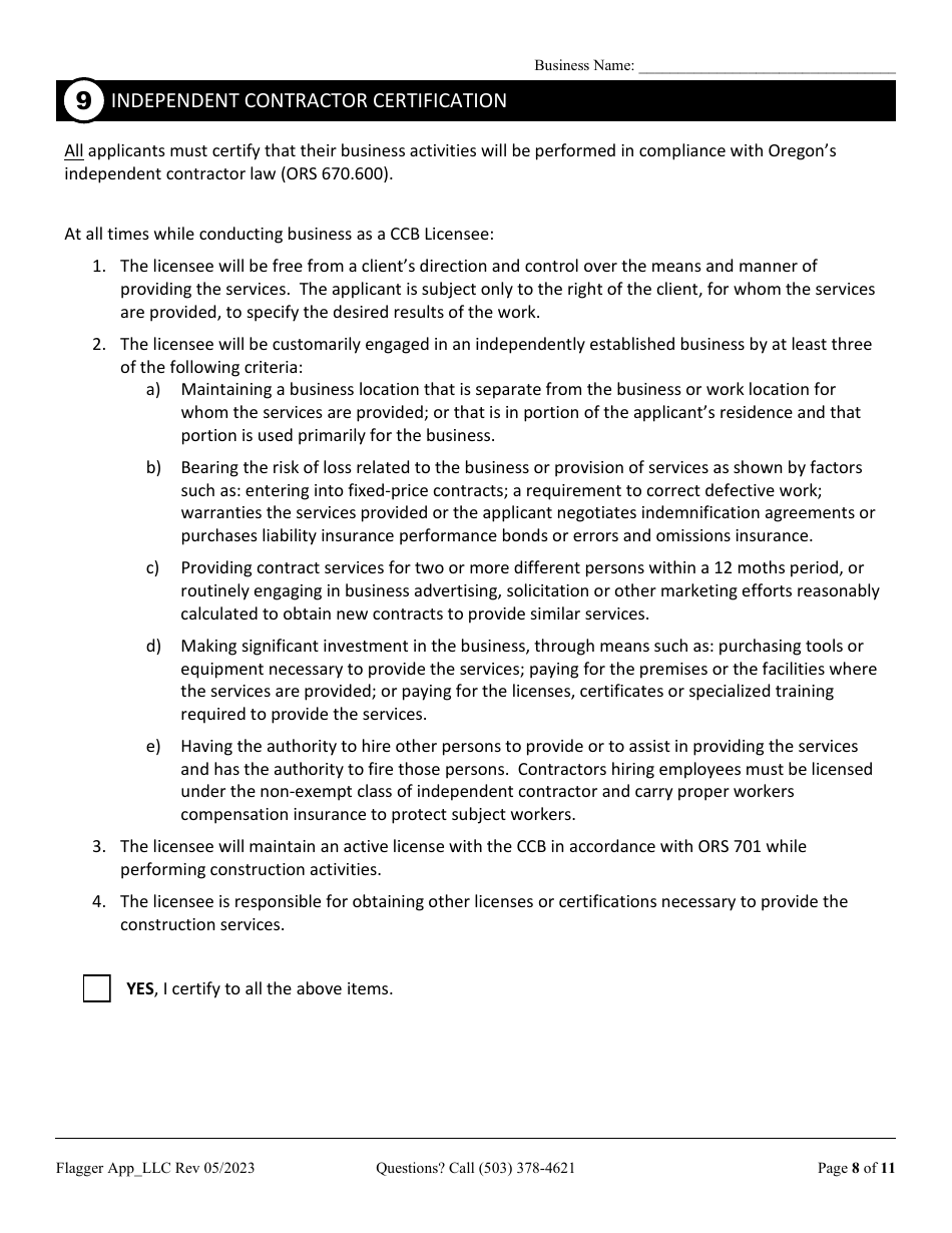 Flagging Contractor License Application for Limited Liability Company (LLC), Corporation, or Trust - Oregon, Page 8
