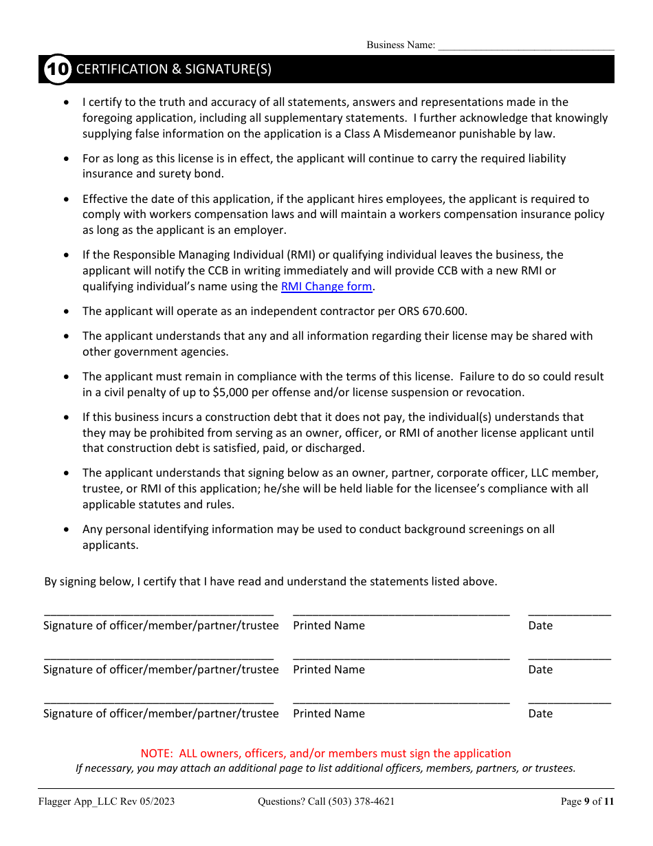 Oregon Flagging Contractor License Application for Limited Liability