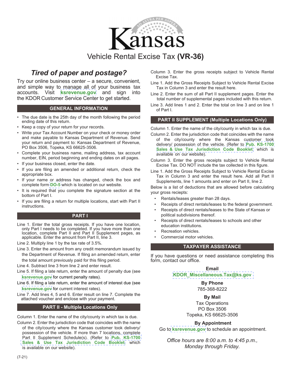 Form VR36 Fill Out, Sign Online and Download Fillable PDF, Kansas