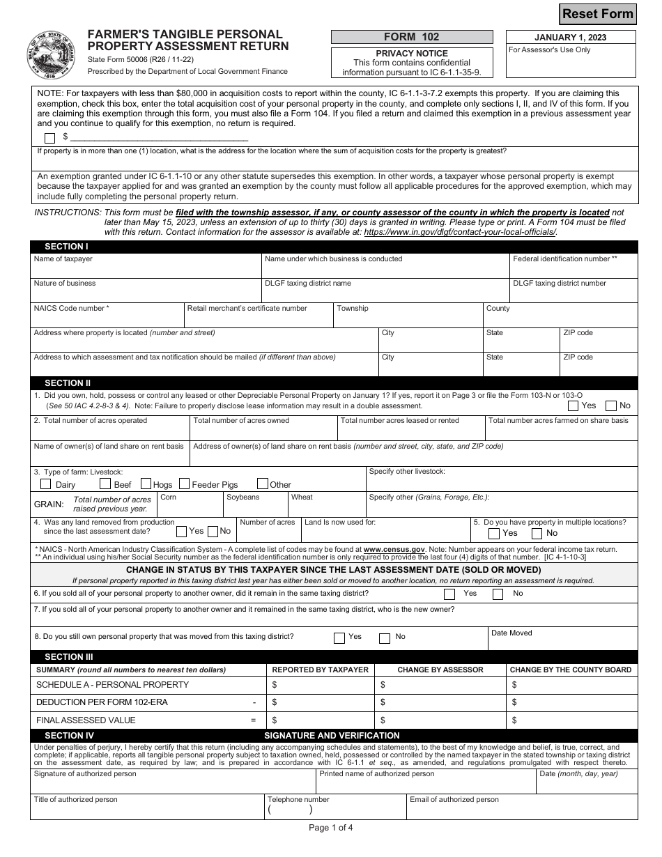 State Form 50006 (102) Farmers Tangible Personal Property Assessment Return - Indiana, Page 1
