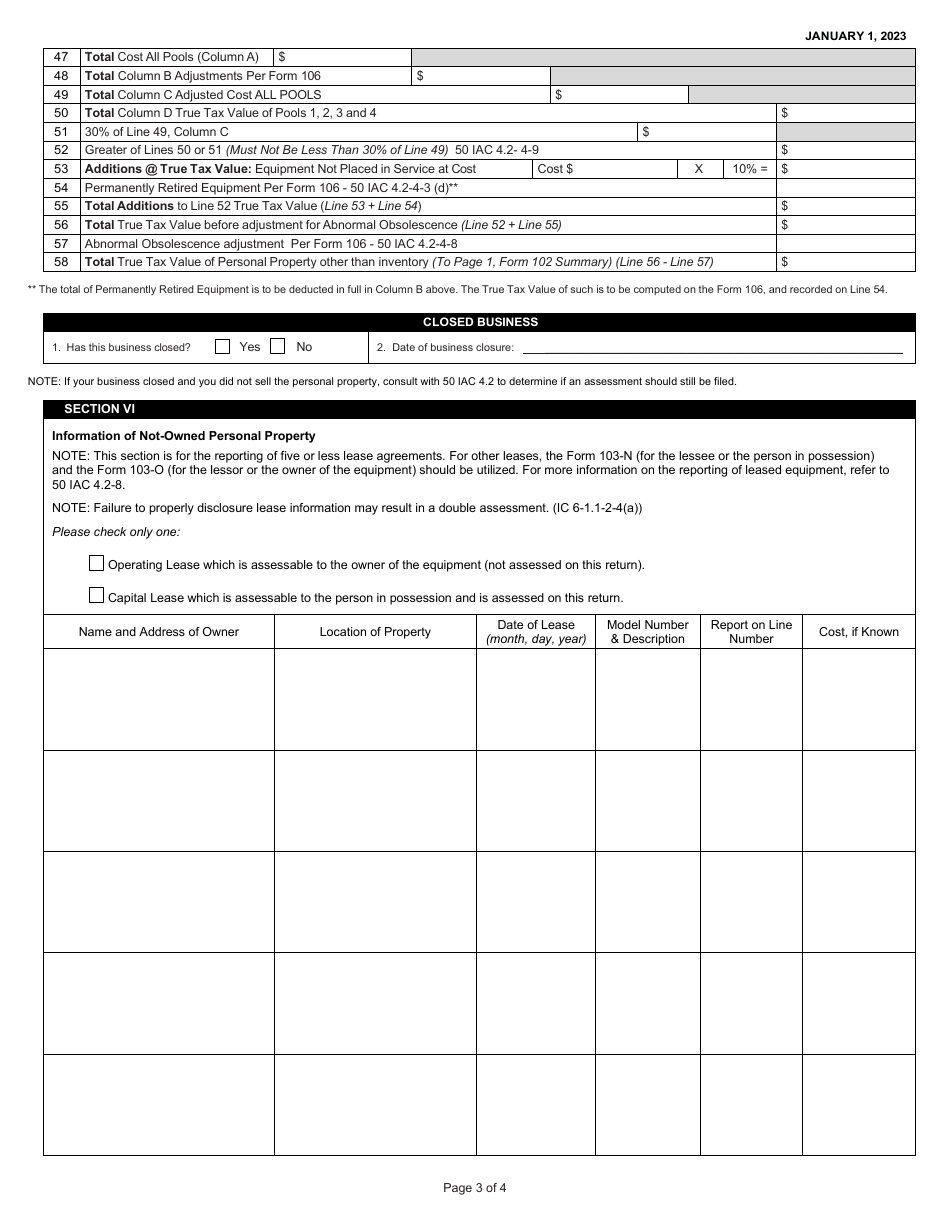 State Form 50006 (102) Farmers Tangible Personal Property Assessment Return - Indiana, Page 3