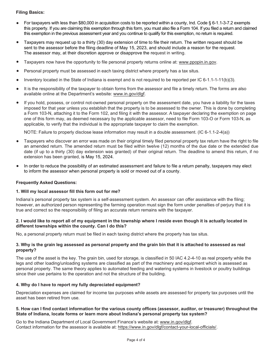 State Form 50006 (102) Farmers Tangible Personal Property Assessment Return - Indiana, Page 4