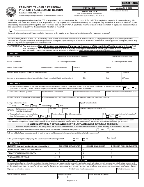State Form 50006 (102) Farmer's Tangible Personal Property Assessment Return - Indiana