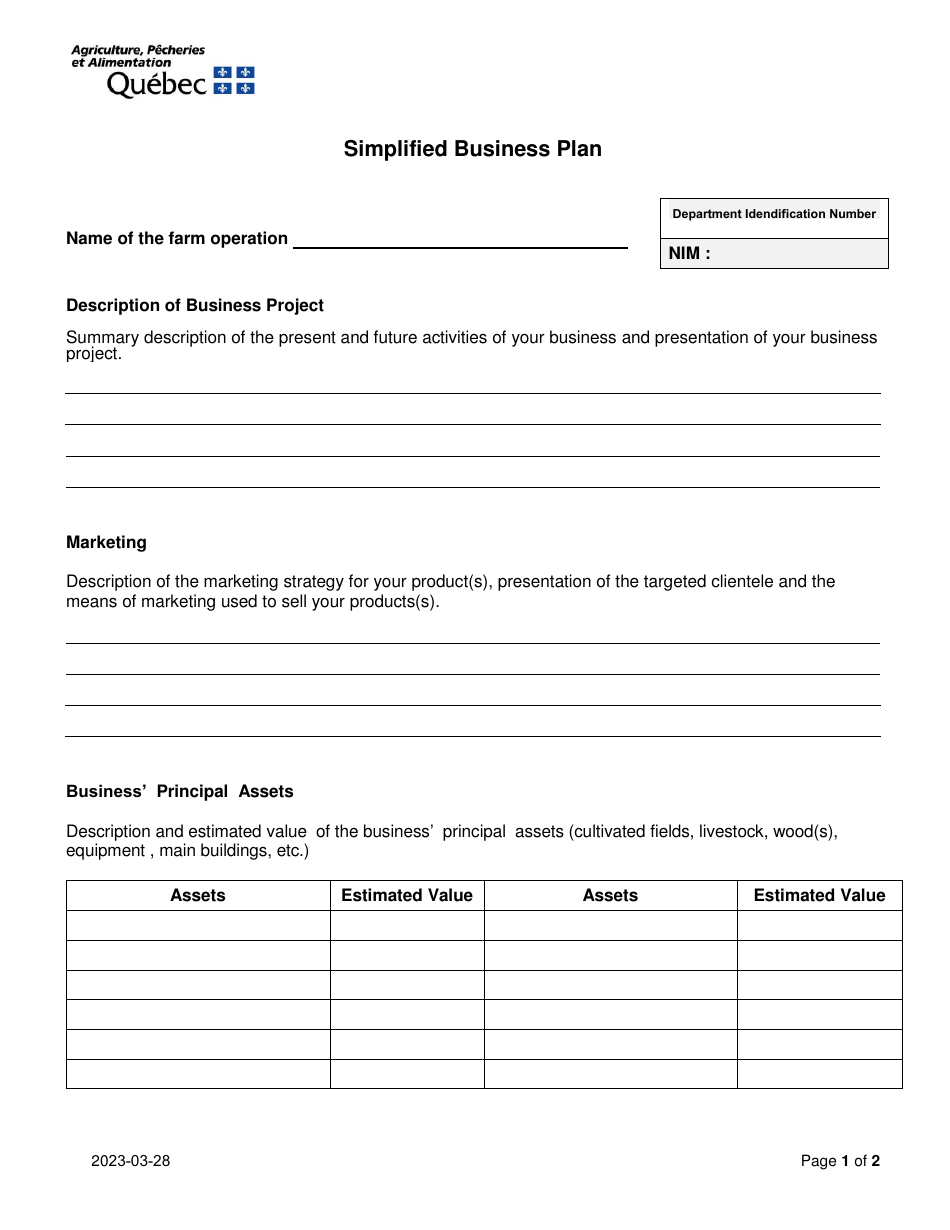 Simplified Business Plan - Quebec, Canada, Page 1