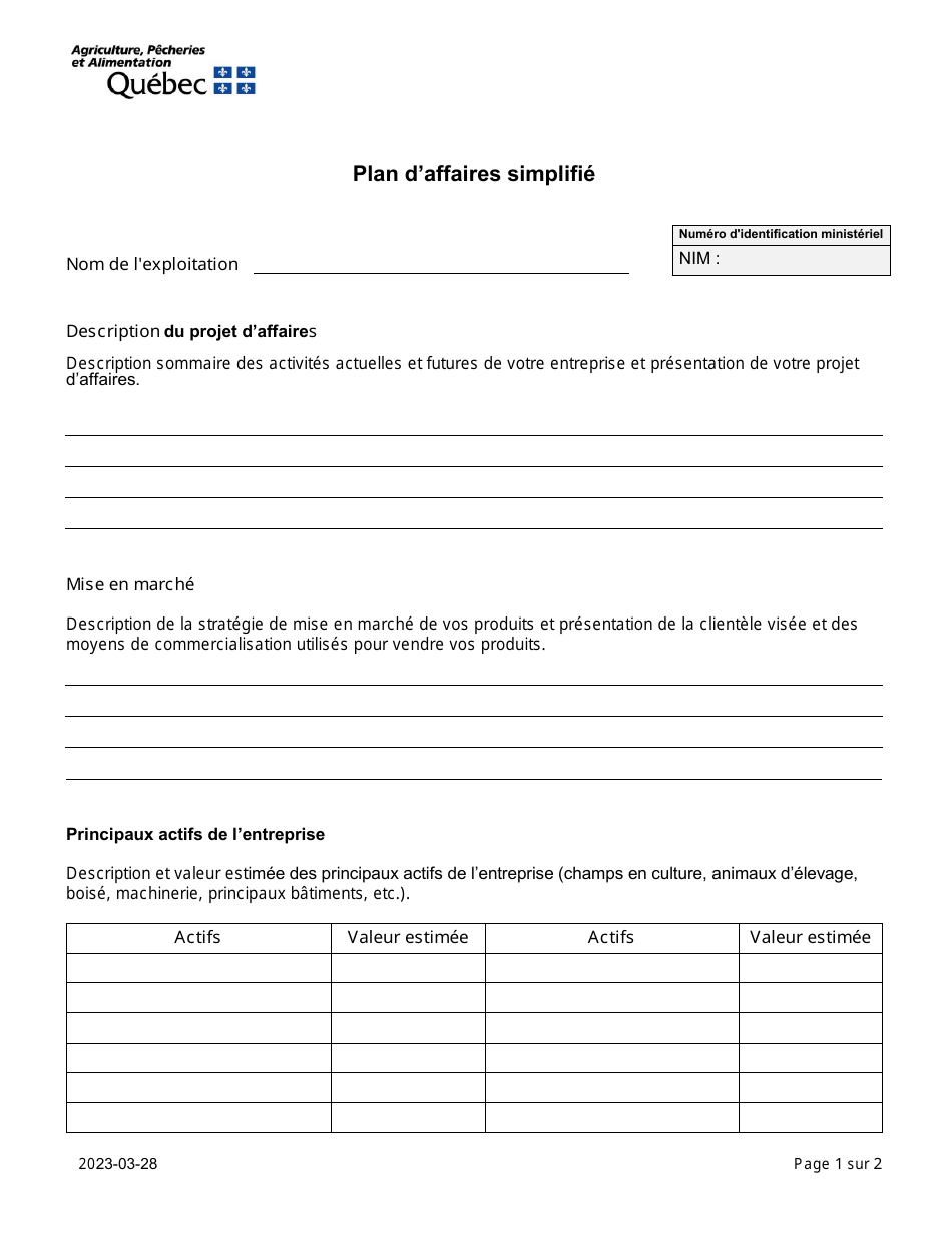 Plan Daffaires Simplifie - Quebec, Canada (French), Page 1
