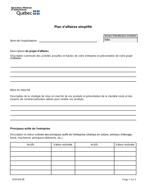 Plan D'affaires Simplifie - Quebec, Canada (French) Download Pdf