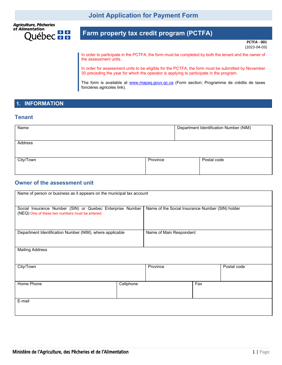 Form PCTFA-001 Joint Application for Payment Form - Farm Property Tax Credit Program (Pctfa) - Quebec, Canada, Page 1