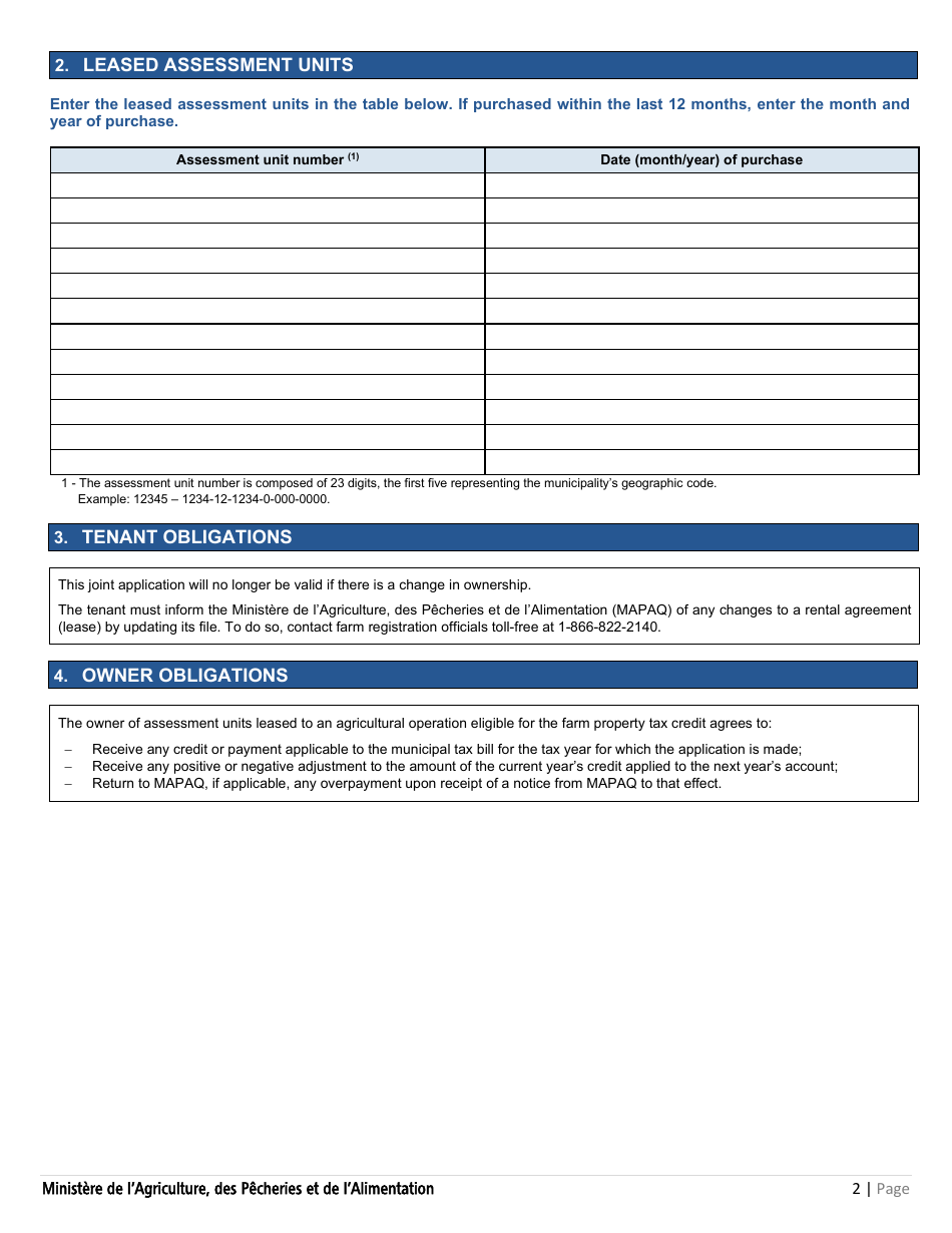 Form PCTFA-001 Joint Application for Payment Form - Farm Property Tax Credit Program (Pctfa) - Quebec, Canada, Page 2
