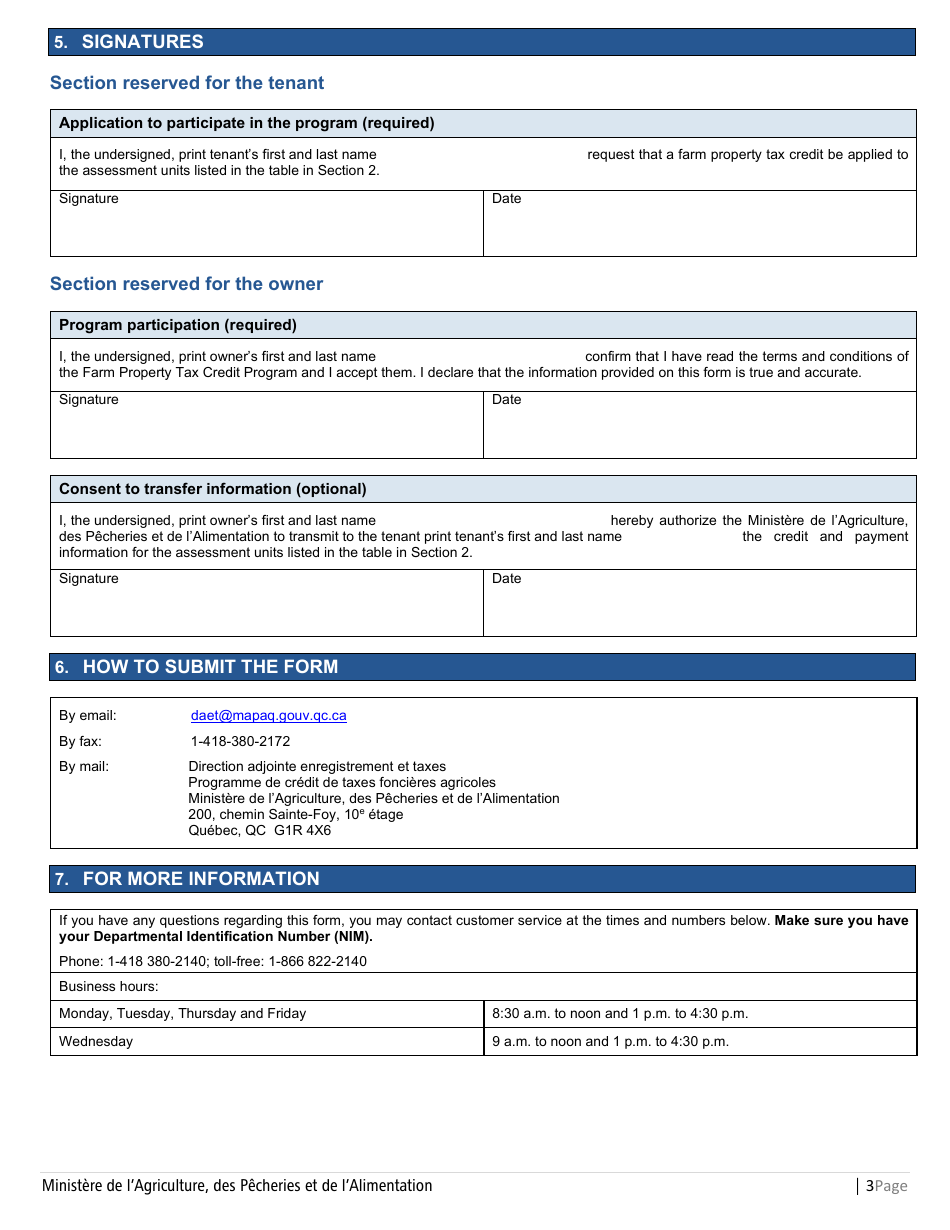Form PCTFA-001 Joint Application for Payment Form - Farm Property Tax Credit Program (Pctfa) - Quebec, Canada, Page 3