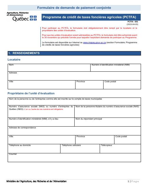 Forme PCTFA-001 Formulaire De Demande De Paiement Conjointe - Programme De Credit De Taxes Foncieres Agricoles (Pctfa) - Quebec, Canada (French)